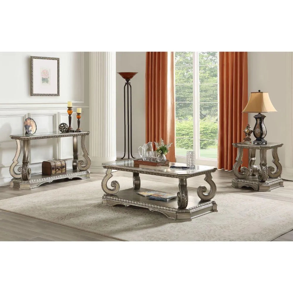 ACME Northville Coffee Table, Antique Silver & Clear Glass FredCo