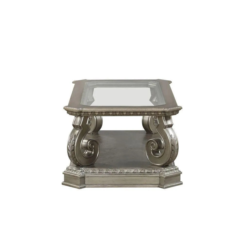 ACME Northville Coffee Table, Antique Silver & Clear Glass FredCo