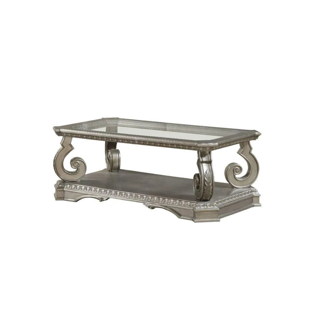 ACME Northville Coffee Table, Antique Silver & Clear Glass FredCo
