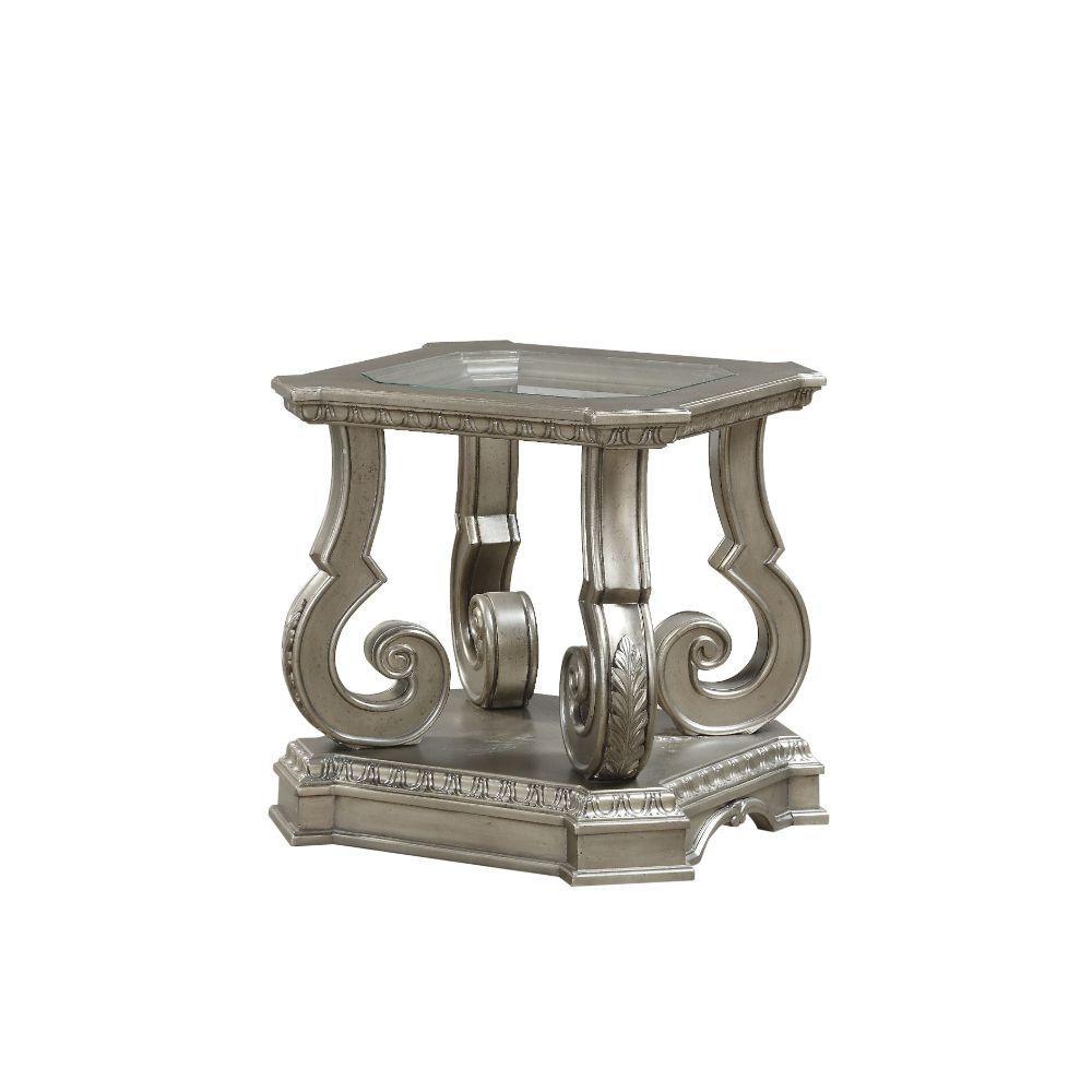 ACME Northville End Table, Antique Silver & Clear Glass FredCo