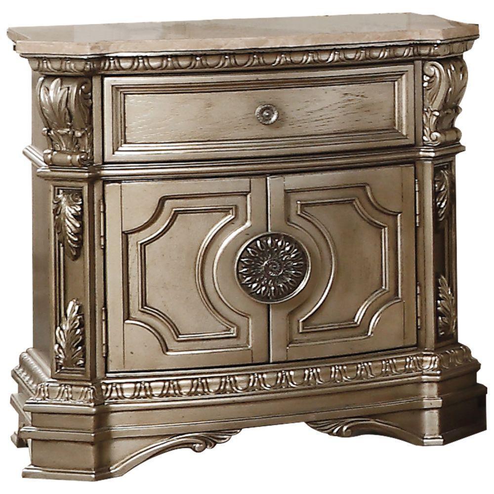 ACME Northville Nightstand w/Marble Top, Antique Silver FredCo