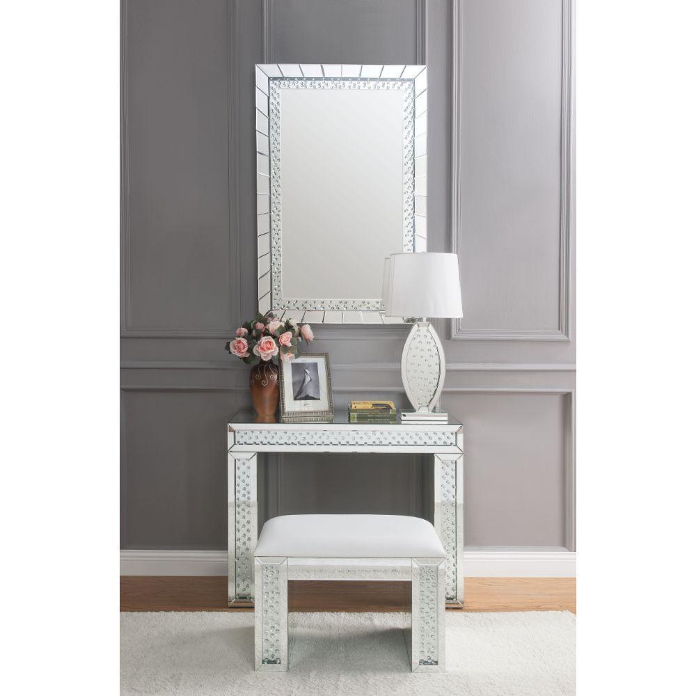 ACME Nysa Vanity Stool, Ivory PU, Mirrored & Faux Crystals FredCo