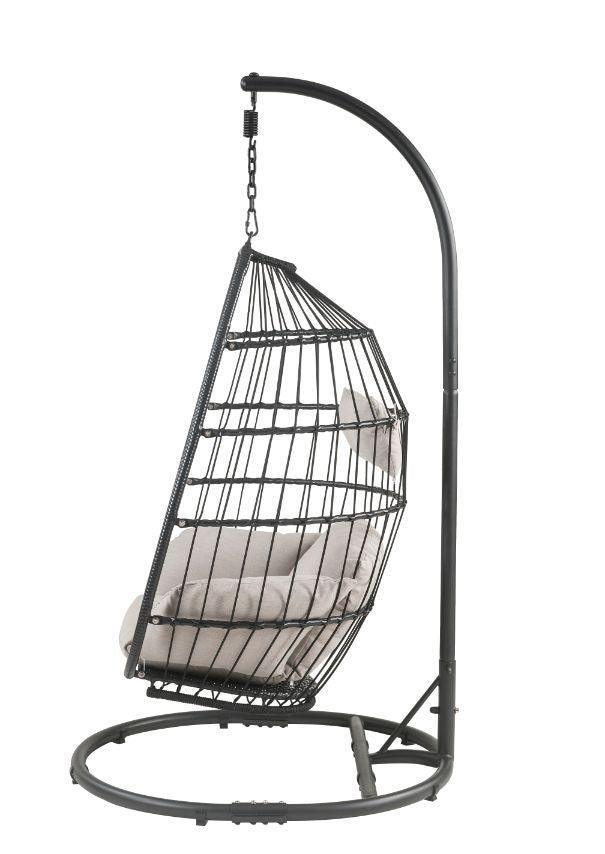 ACME Oldi Patio Hanging Chair with Stand, Beige Fabric & Black Wicker FredCo
