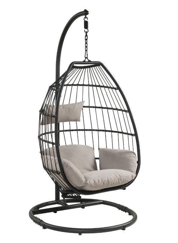 ACME Oldi Patio Hanging Chair with Stand, Beige Fabric & Black Wicker FredCo