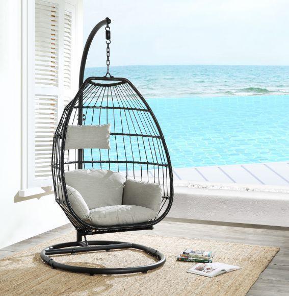 ACME Oldi Patio Hanging Chair with Stand, Beige Fabric & Black Wicker FredCo