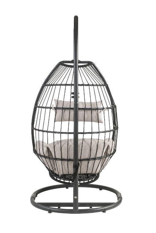 ACME Oldi Patio Hanging Chair with Stand, Beige Fabric & Black Wicker FredCo