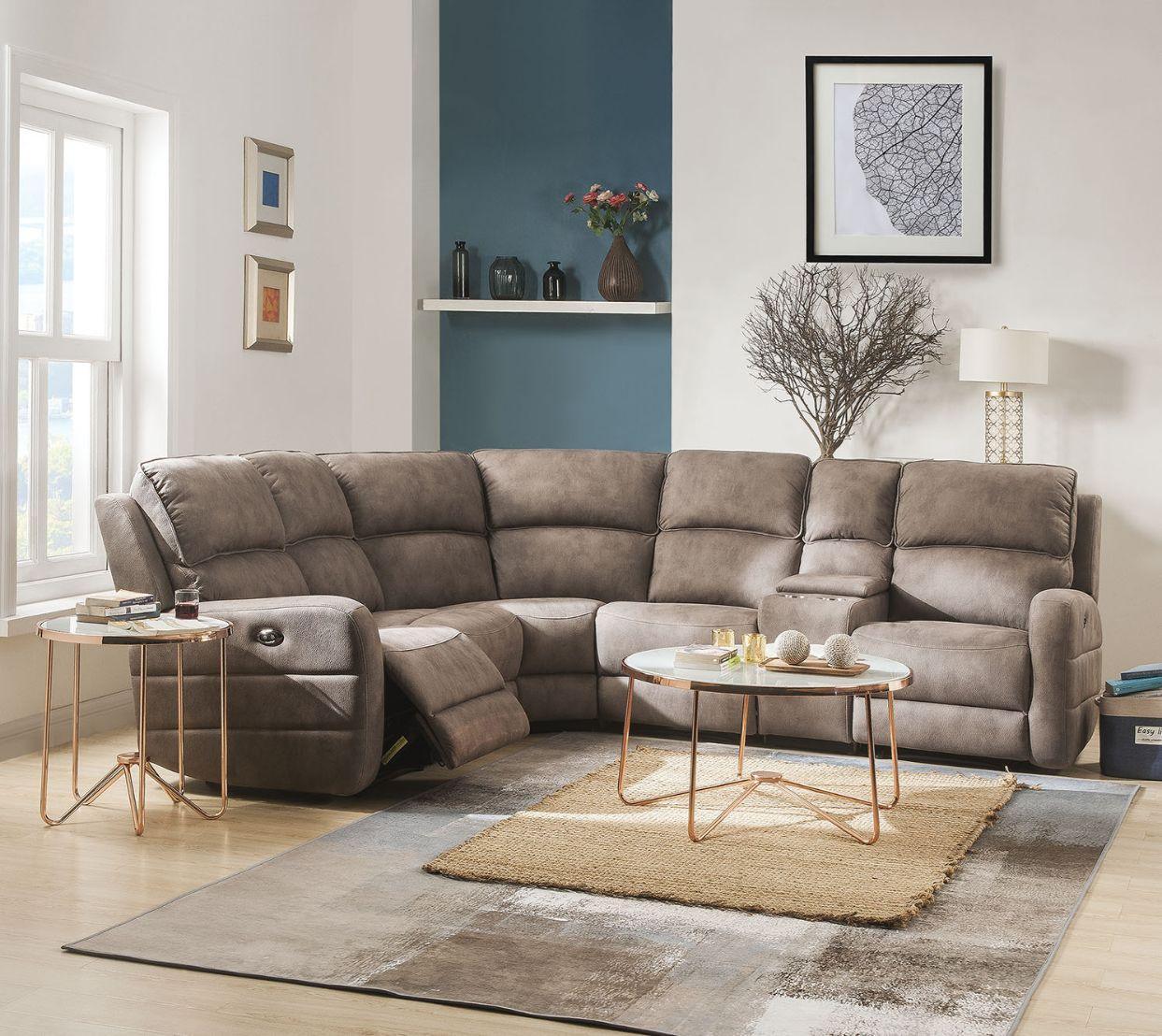 ACME Olwen Sectional Sofa (Power Motion & USB), Mocha Nubuck 54590 FredCo