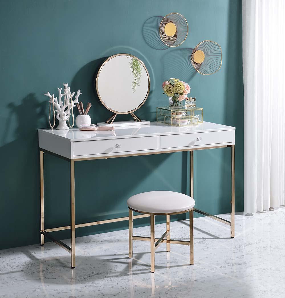 ACME Ottey Vanity Desk , White High Gloss & Gold Finish FredCo
