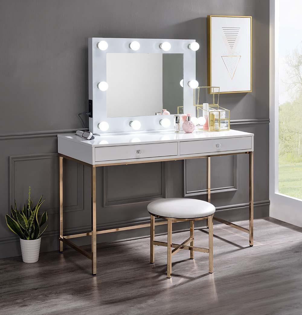 ACME Ottey Vanity Desk , White High Gloss & Gold Finish FredCo