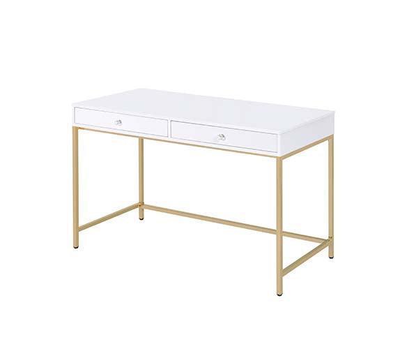 ACME Ottey Vanity Desk , White High Gloss & Gold Finish FredCo