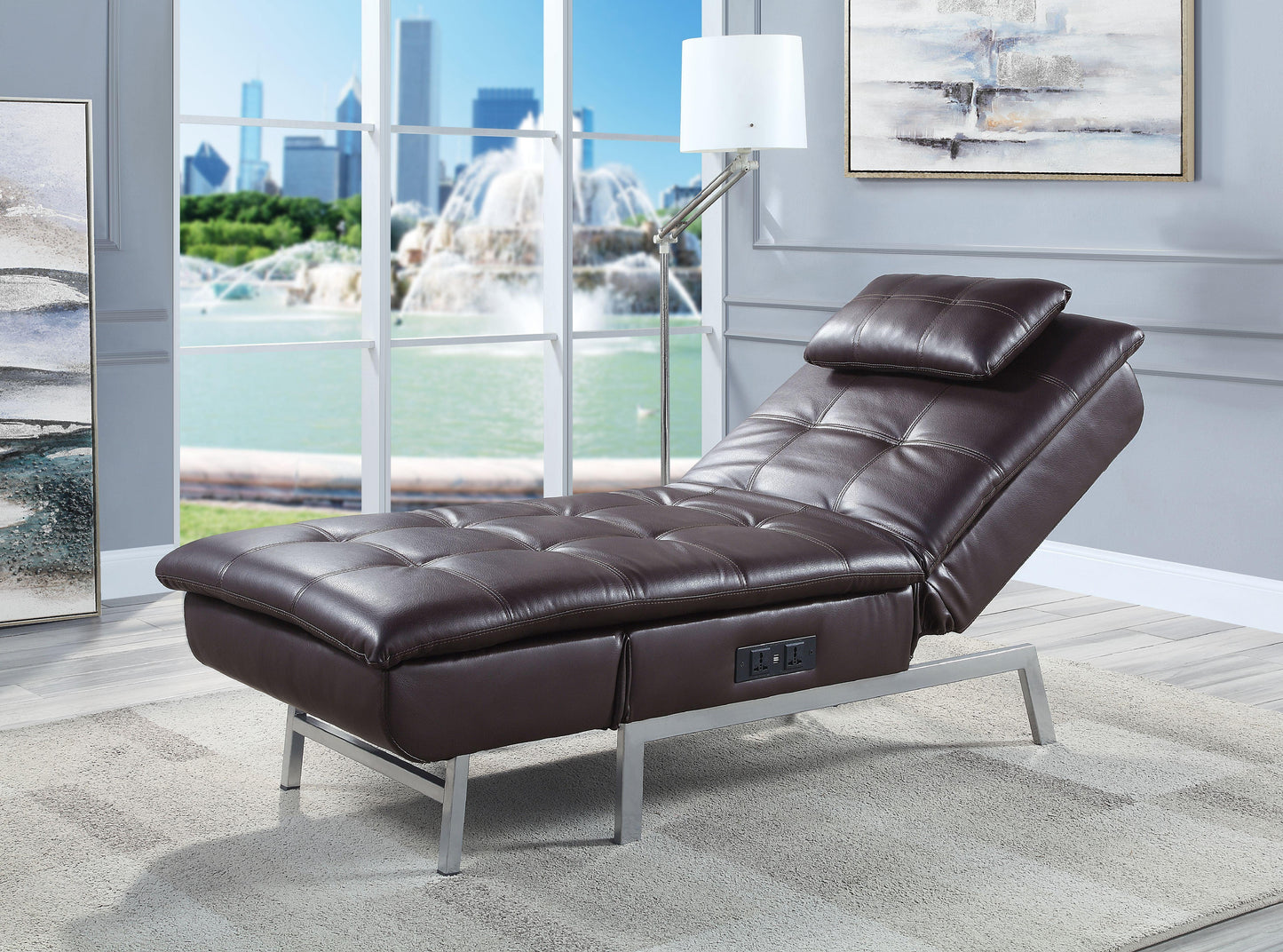 ACME Padilla Chaise Lounge w/Pillow & USB Port, Brown Fabric FredCo