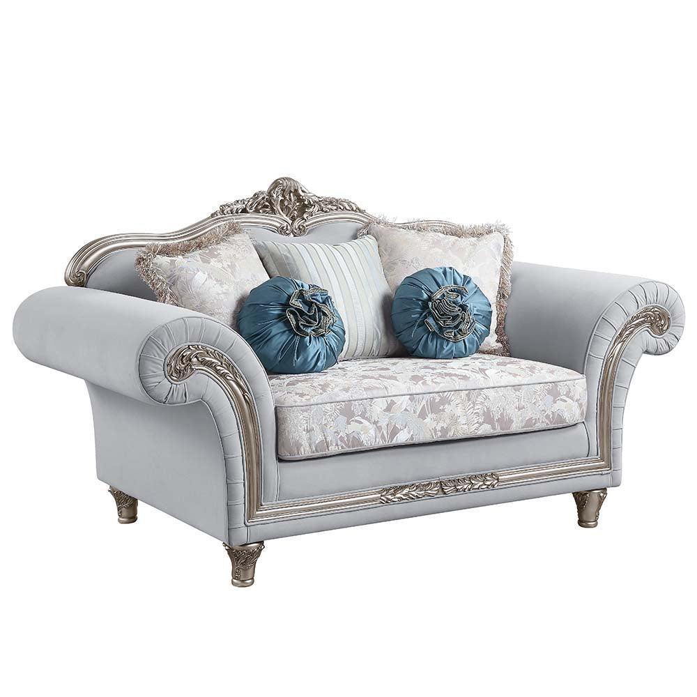 ACME Pelumi Loveseat w/5 Pillows, Light Gray Linen & Platinum Finish FredCo