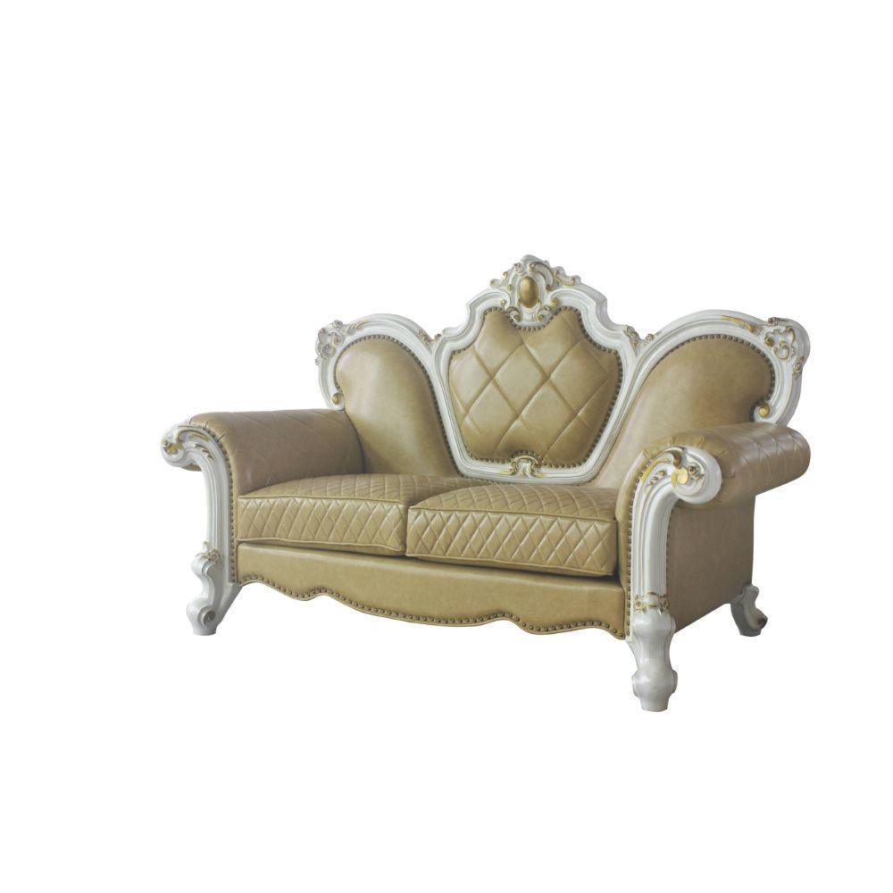 ACME Picardy Loveseat w/3 Pillows, Antique Pearl & Butterscotch PU FredCo