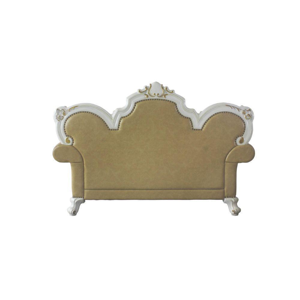 ACME Picardy Loveseat w/3 Pillows, Antique Pearl & Butterscotch PU FredCo