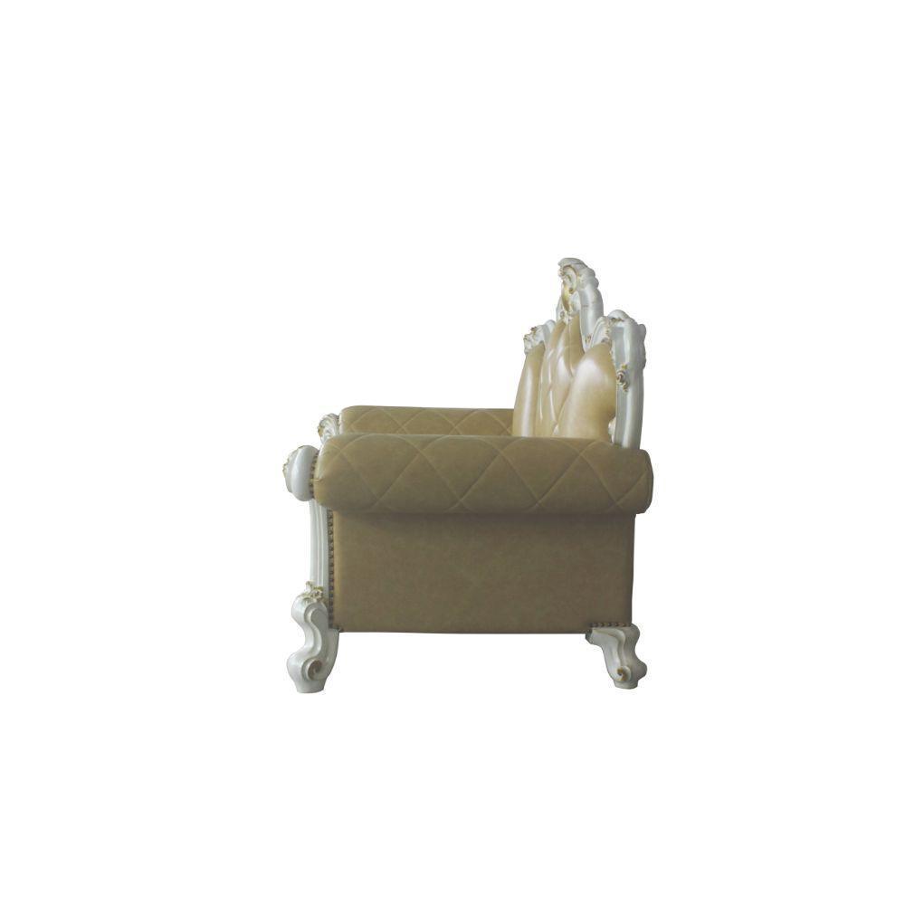 ACME Picardy Loveseat w/3 Pillows, Antique Pearl & Butterscotch PU FredCo
