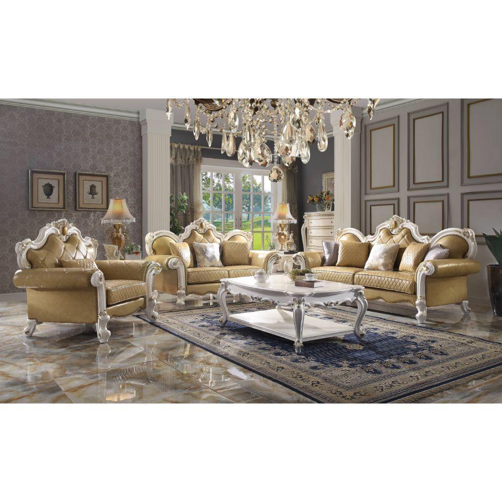 ACME Picardy Sofa w/5 Pillows, Antique Pearl & Butterscotch PU FredCo