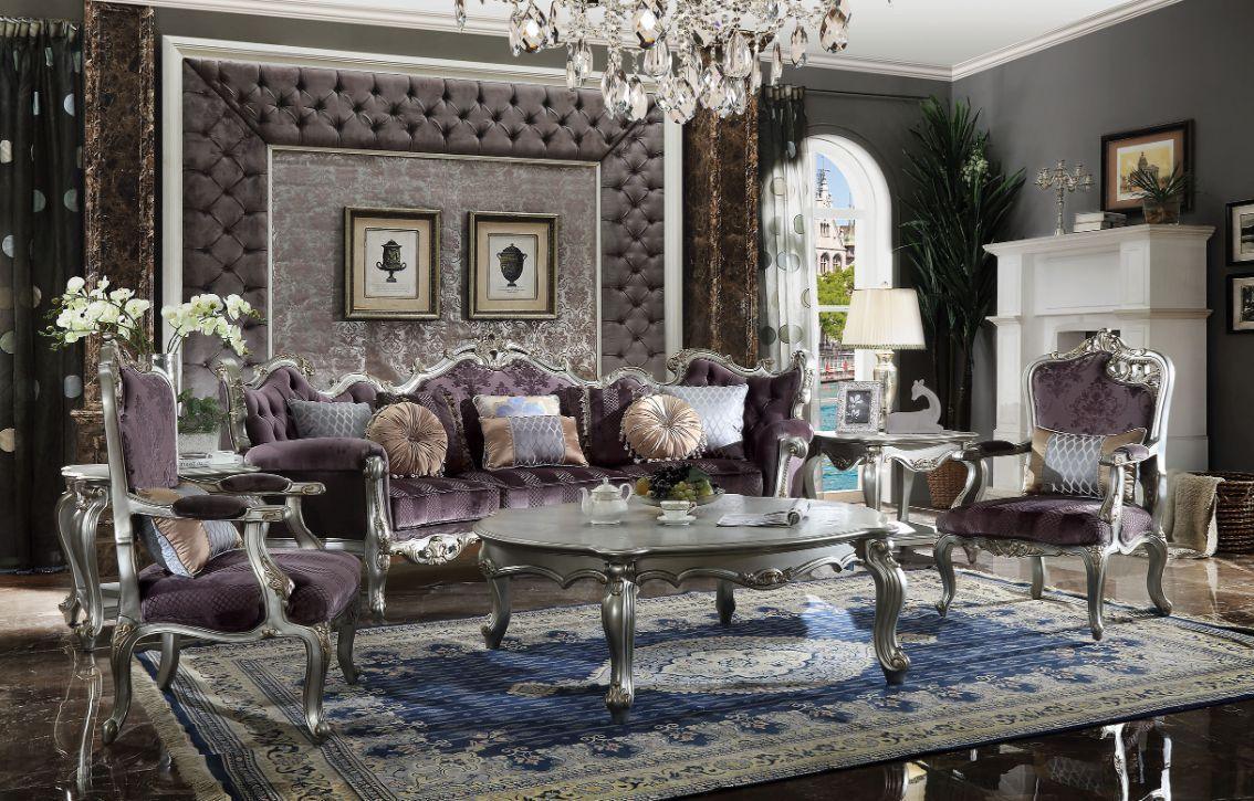 ACME Picardy Sofa w/8 Pillows, Velvet & Antique Platinum FredCo