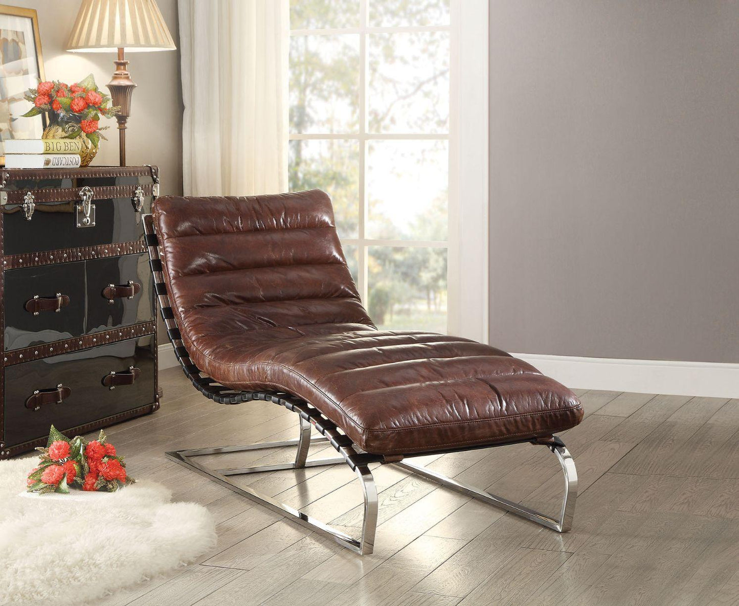 ACME Qortini Chaise, Vintage Dark Brown Top Grain Leather & Stainless Steel FredCo