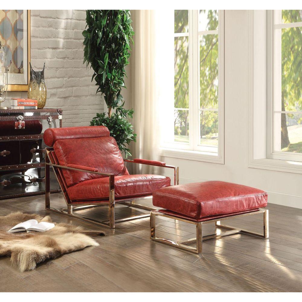 ACME Quinto Accent Chair, Antique Red Top Grain Leather & Stainless Steel FredCo
