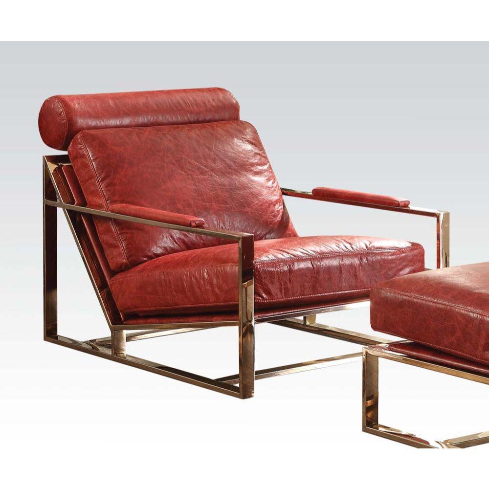 ACME Quinto Accent Chair, Antique Red Top Grain Leather & Stainless Steel FredCo