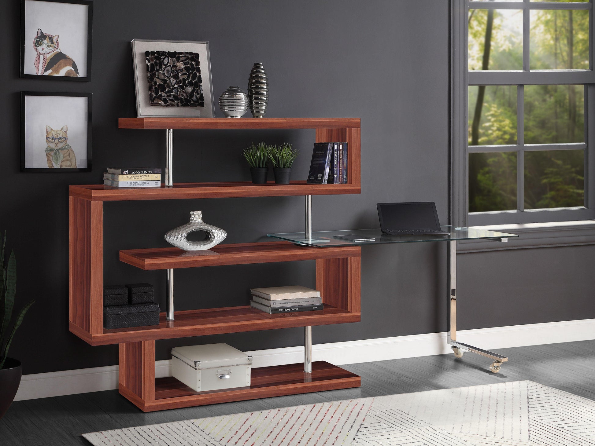 ACME Raceloma Writing Desk w/Shelf, Clear Glass, Chrome & Walnut High Gloss Finish FredCo