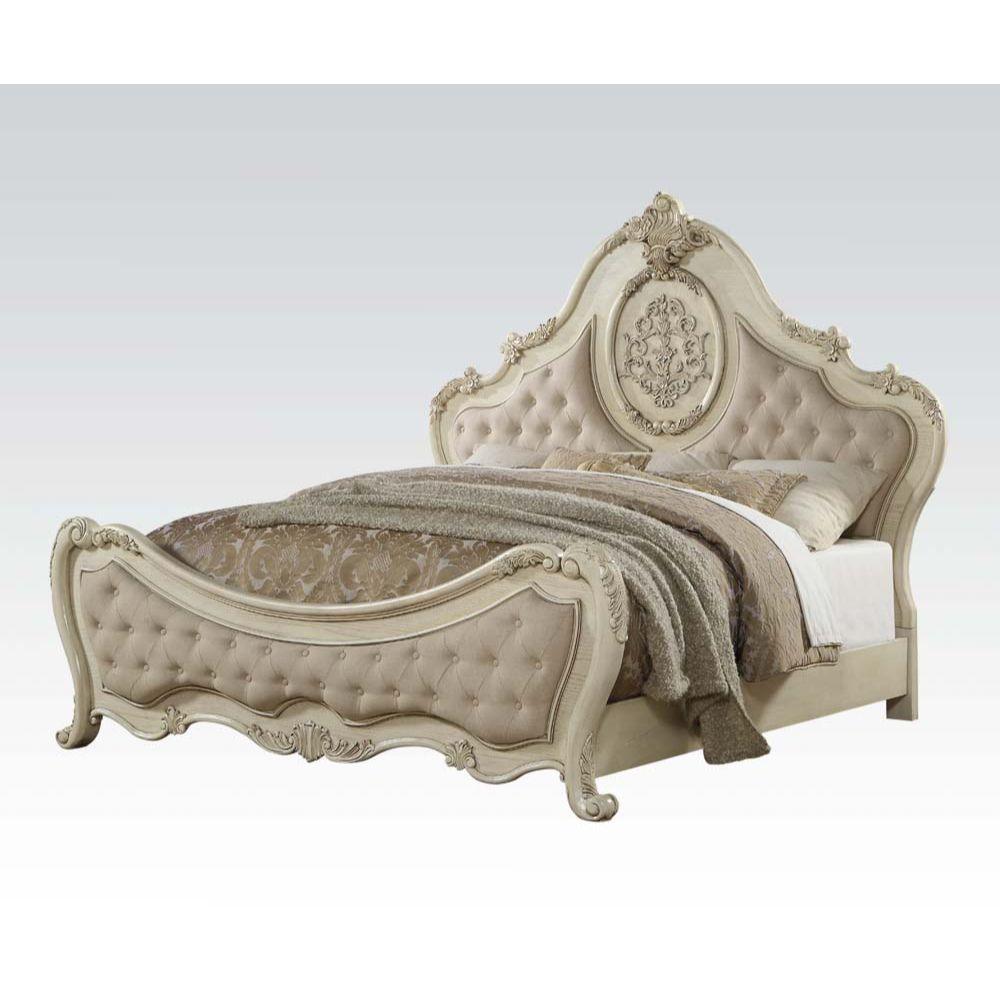 ACME Ragenardus Eastern King Bed, Beige Linen & Antique White 27007EK FredCo