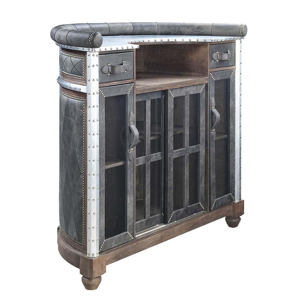 ACME Rahma Bar Table, Antique Ebony Top Grain Leather & Aluminum FredCo