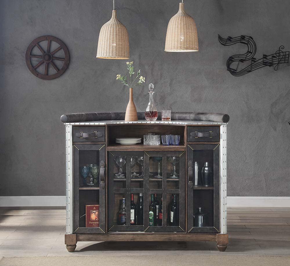 ACME Rahma Bar Table, Antique Ebony Top Grain Leather & Aluminum FredCo