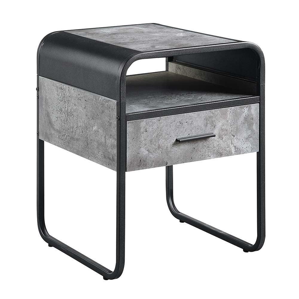ACME Raziela End Table w/Drawer, Concrete Gray & Black Finish FredCo