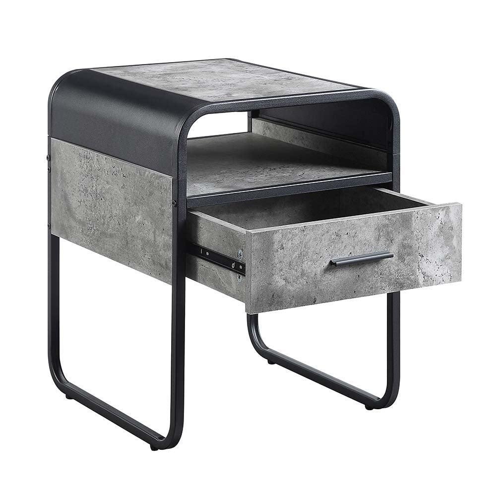 ACME Raziela End Table w/Drawer, Concrete Gray & Black Finish FredCo
