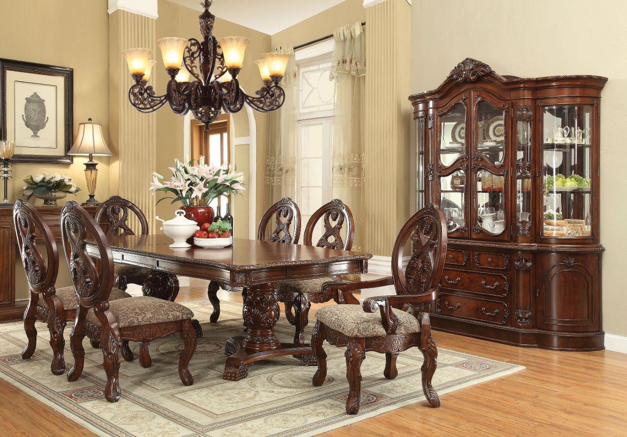 ACME Rovledo Dining Table w/Double Pedestal, Cherry 60800 FredCo