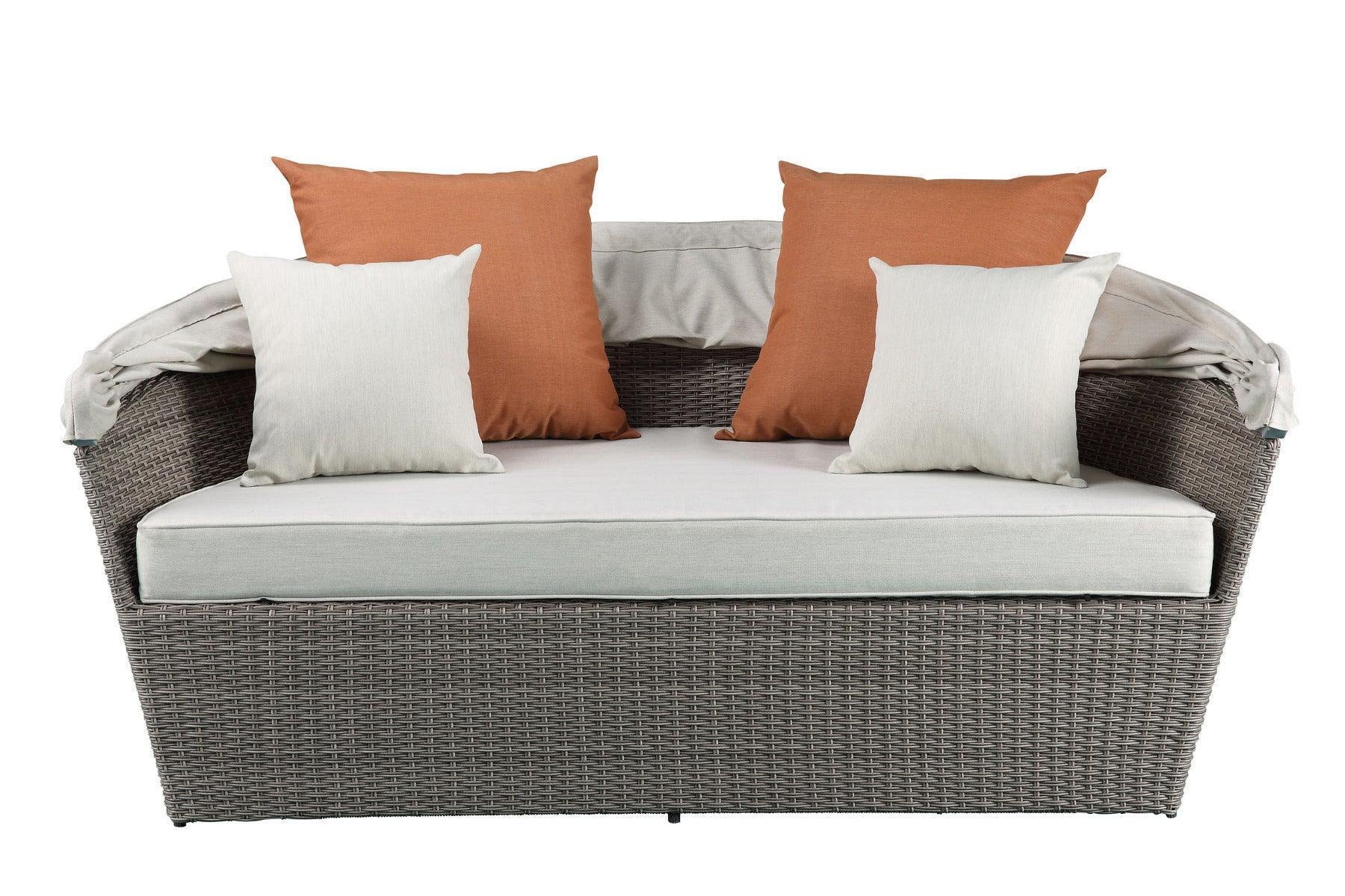 ACME Salena Patio Canopy Sofa & Ottoman, Beige Fabric & Gray Wicker FredCo