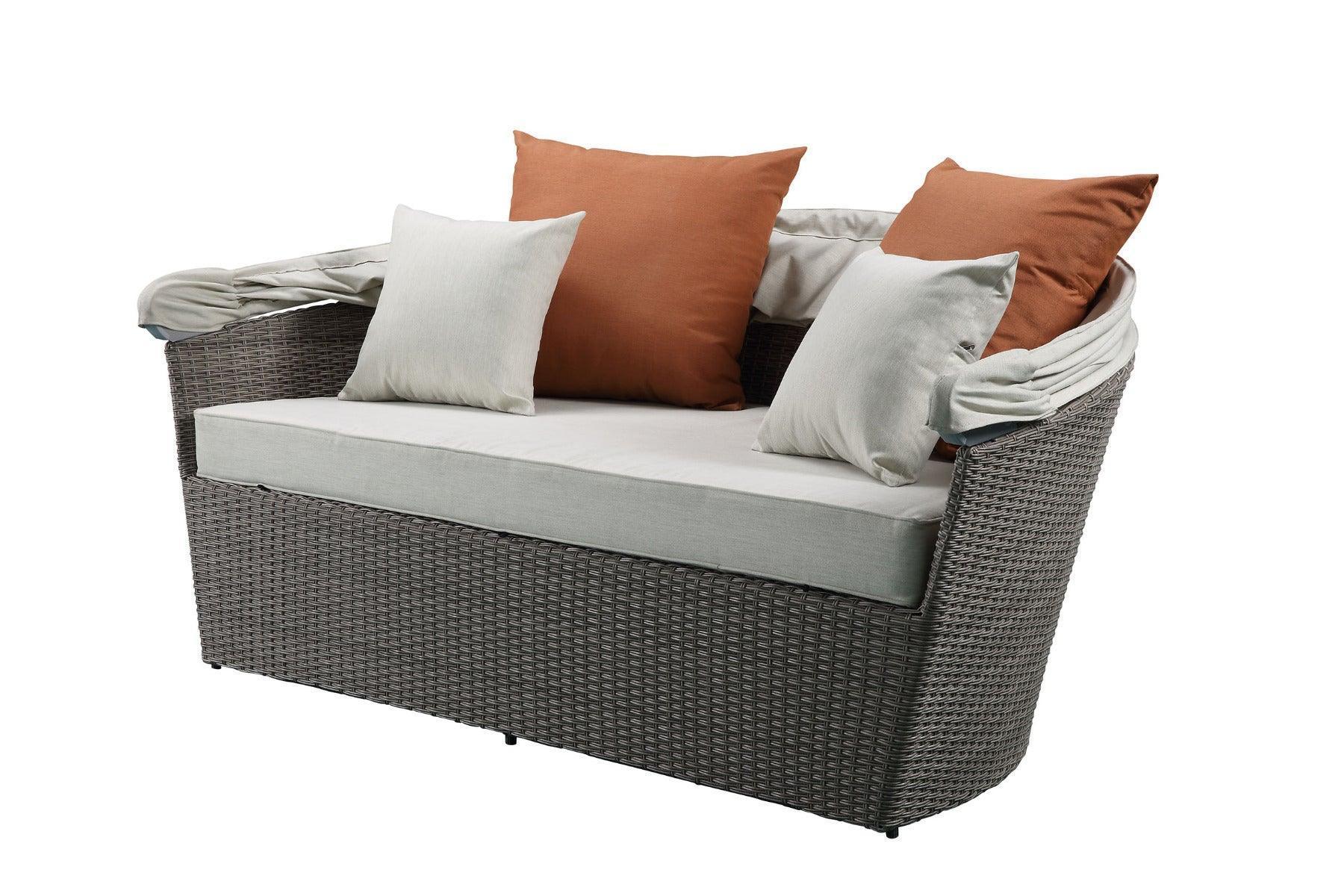 ACME Salena Patio Canopy Sofa & Ottoman, Beige Fabric & Gray Wicker FredCo
