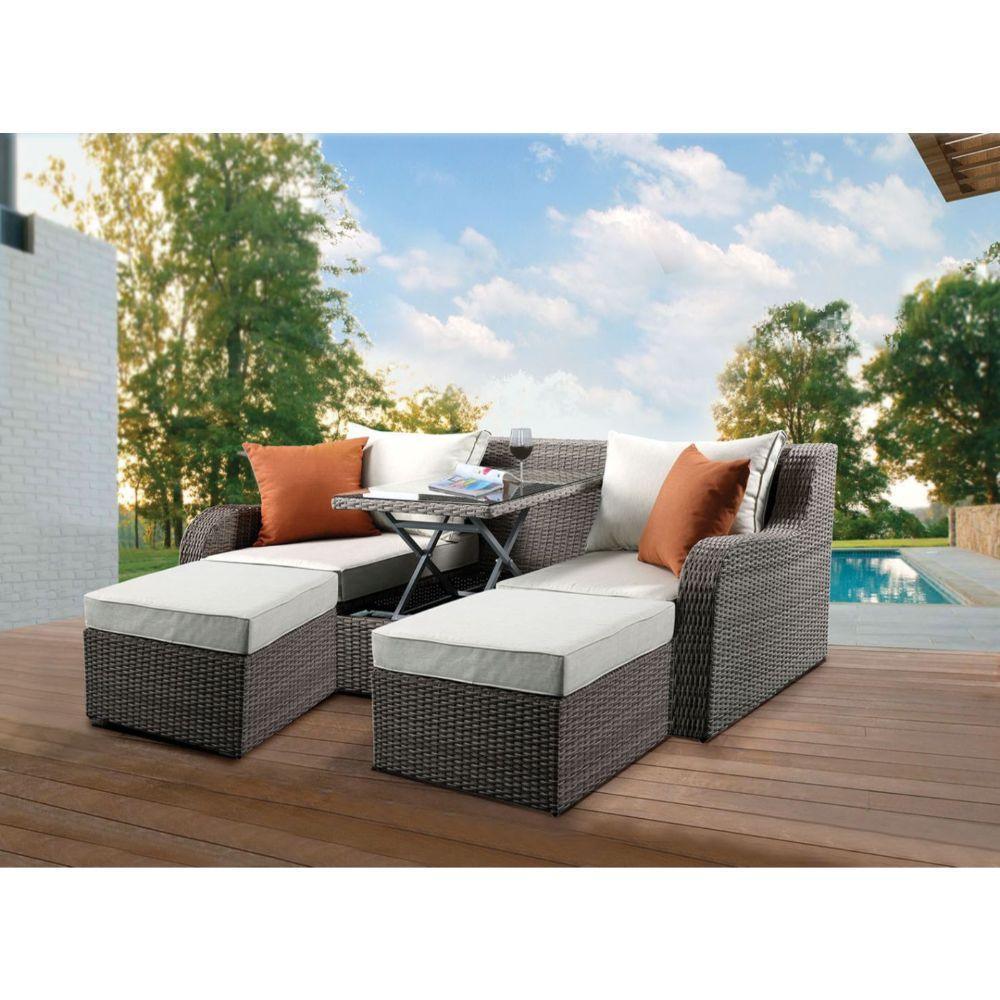 ACME Salena Patio Sectional & 2 Ottomans, Beige Fabric & Gray Wicker FredCo