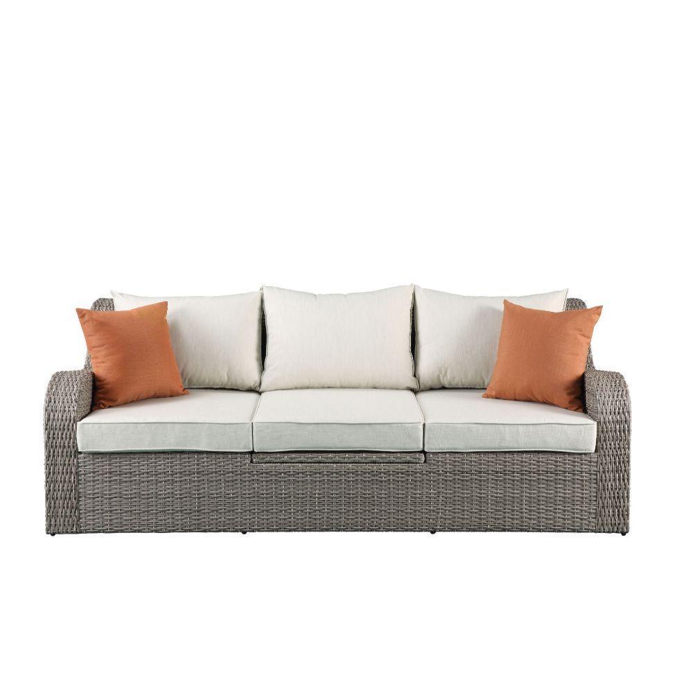 ACME Salena Patio Sectional & 2 Ottomans, Beige Fabric & Gray Wicker FredCo