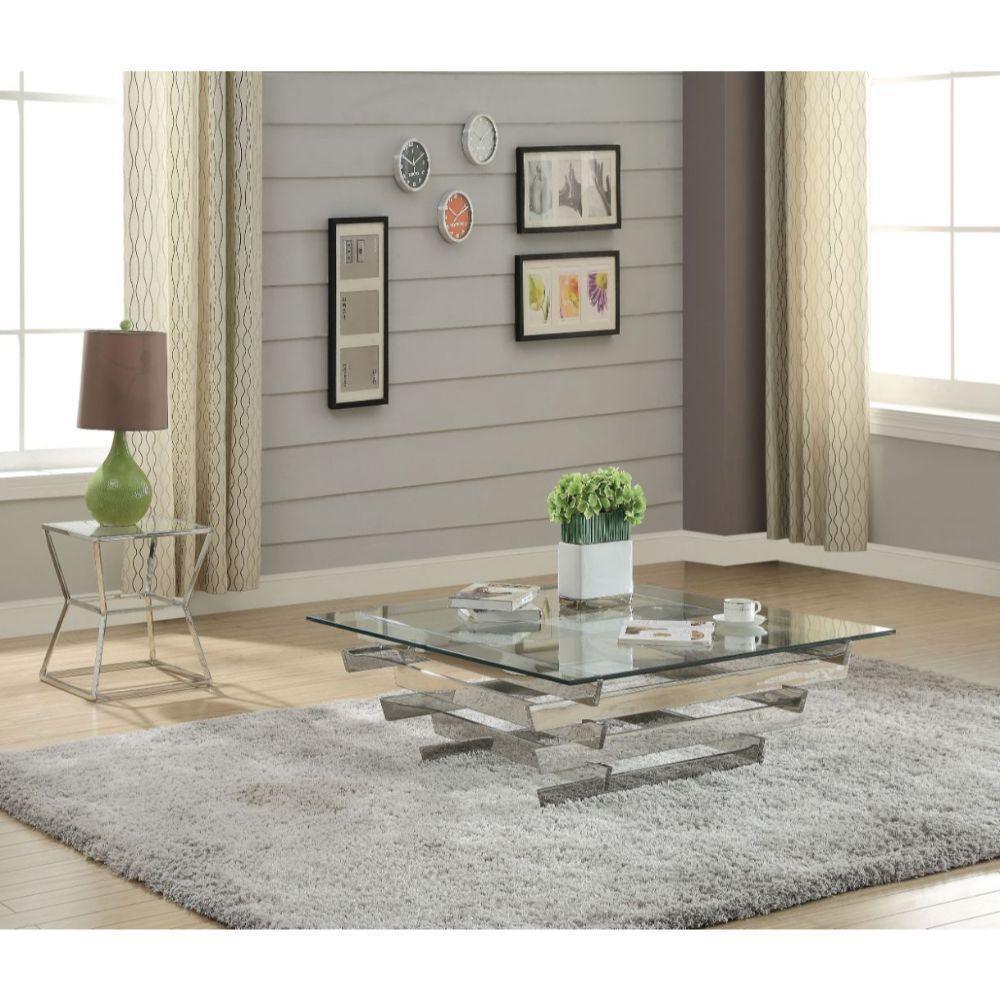 ACME Salonius Coffee Table, Stainless Steel & Clear Glass 84610 FredCo