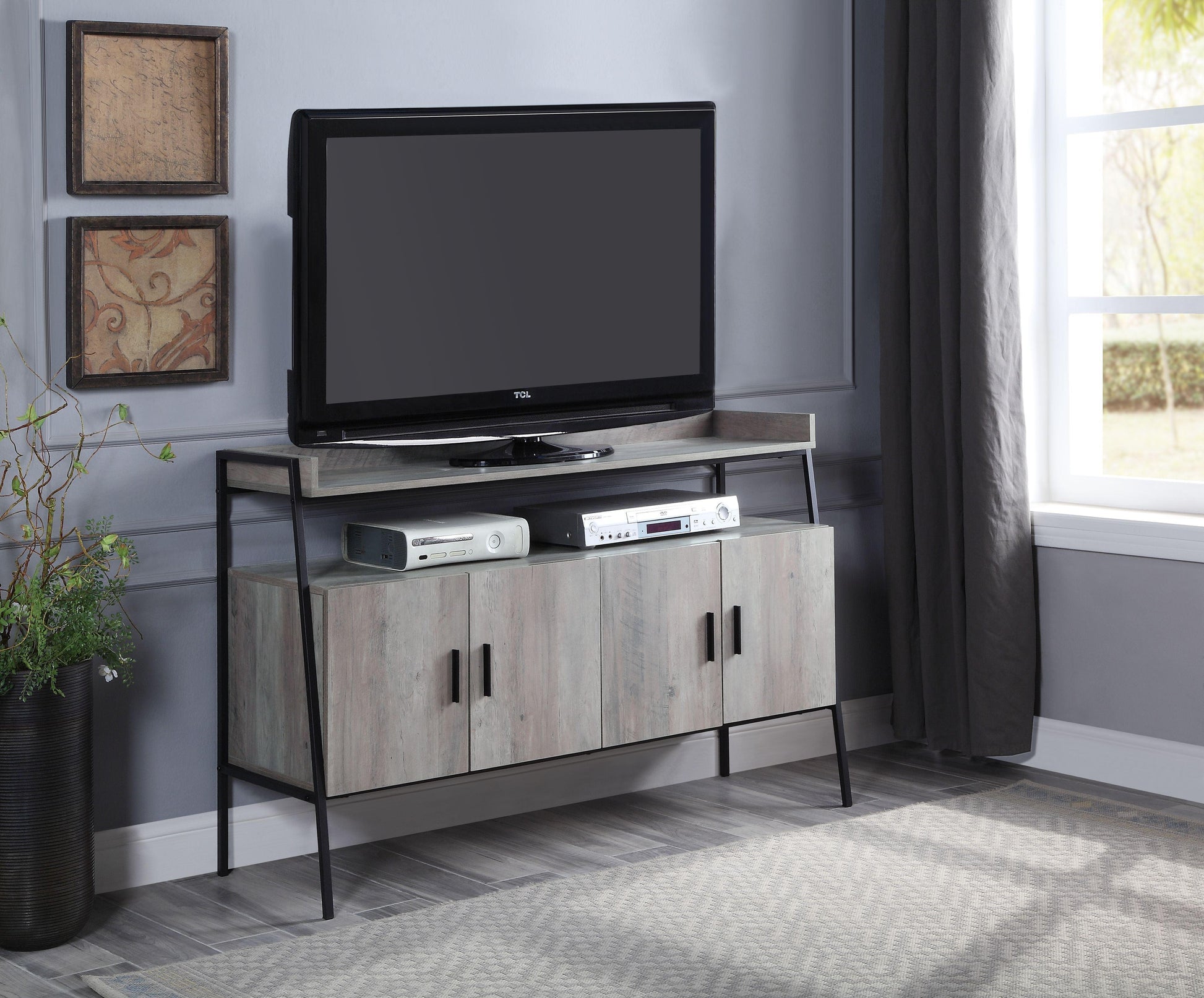 ACME Samiya TV Stand , Gray Oak & Black Finish FredCo