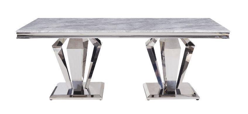 ACME Satinka Dining Table, Light Gray Printed Faux Marble & Mirrored Silver Finish FredCo