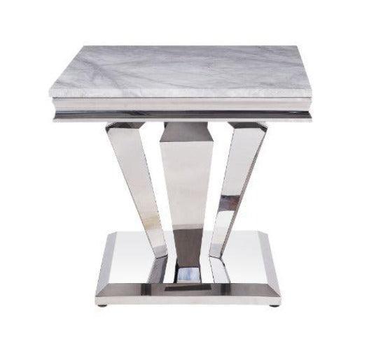 ACME Satinka End Table, Light Gray Printed Faux Marble & Mirrored Silver Finish FredCo