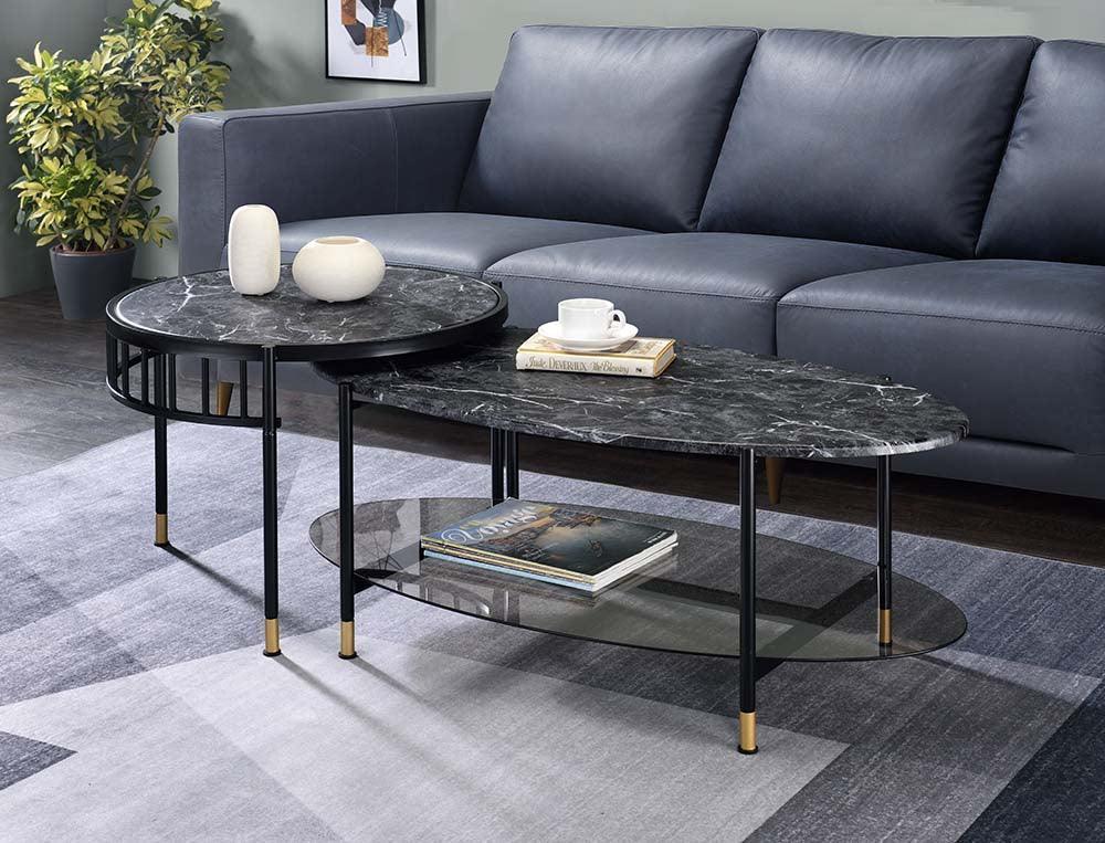 ACME Silas Nesting Coffee Table, Faux Marble Top & Black Finish FredCo