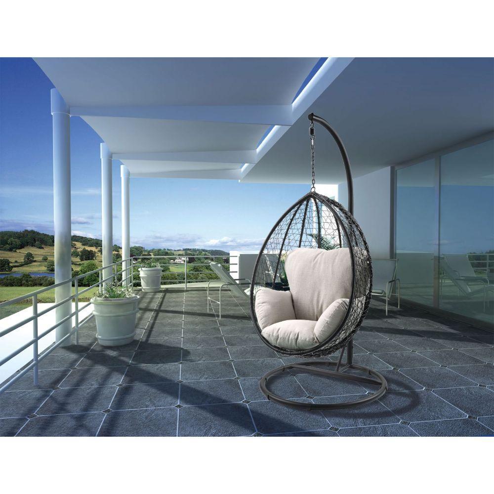 ACME Simona Patio Swing Chair with Stand, Beige Fabric & Black Wicker FredCo