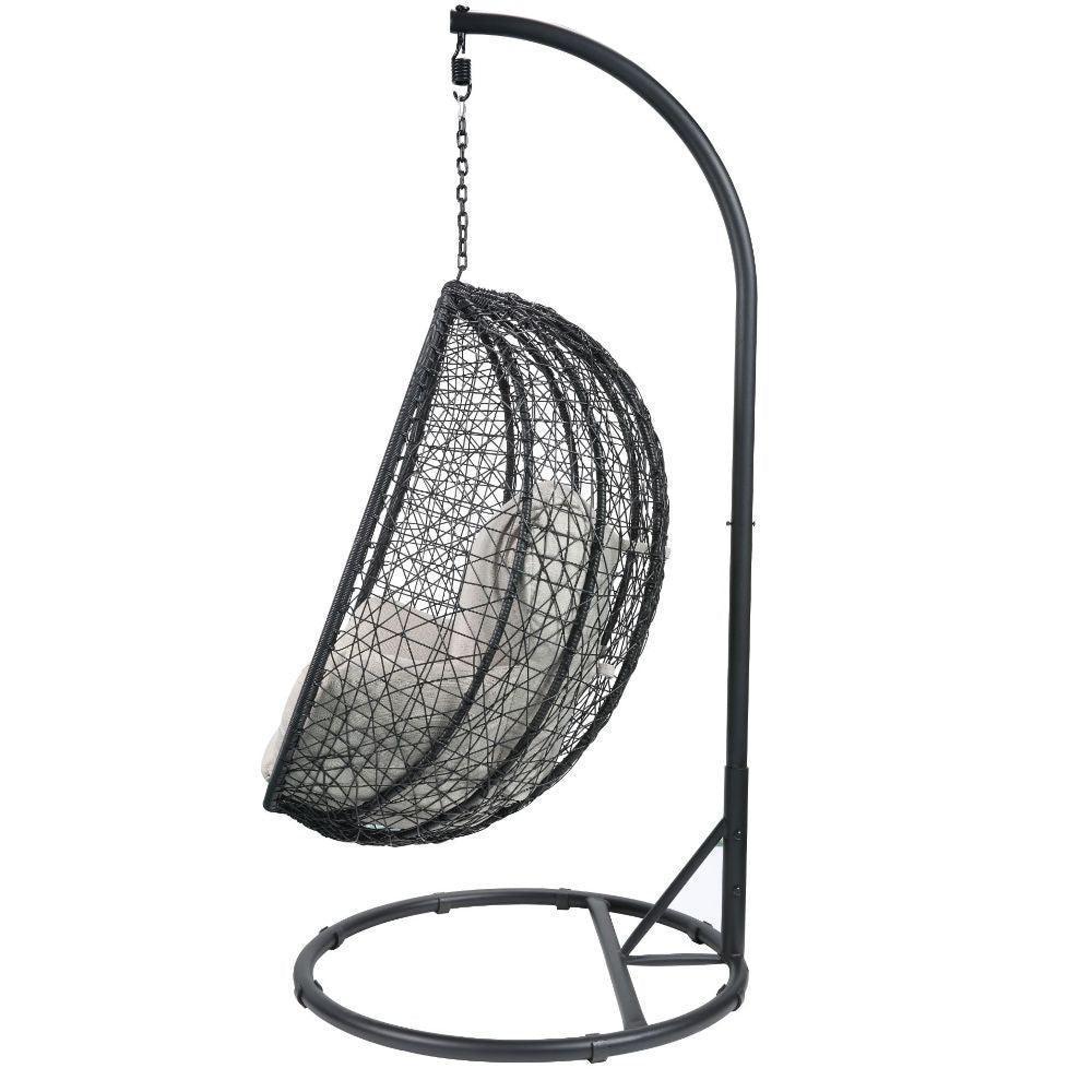 ACME Simona Patio Swing Chair with Stand, Beige Fabric & Black Wicker FredCo