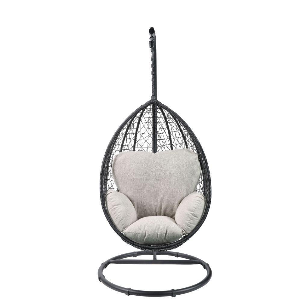 ACME Simona Patio Swing Chair with Stand, Beige Fabric & Black Wicker FredCo
