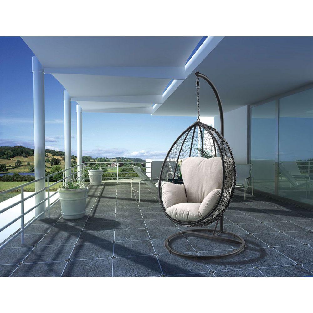 ACME Simona Patio Swing Chair with Stand, Beige Fabric & Black Wicker FredCo
