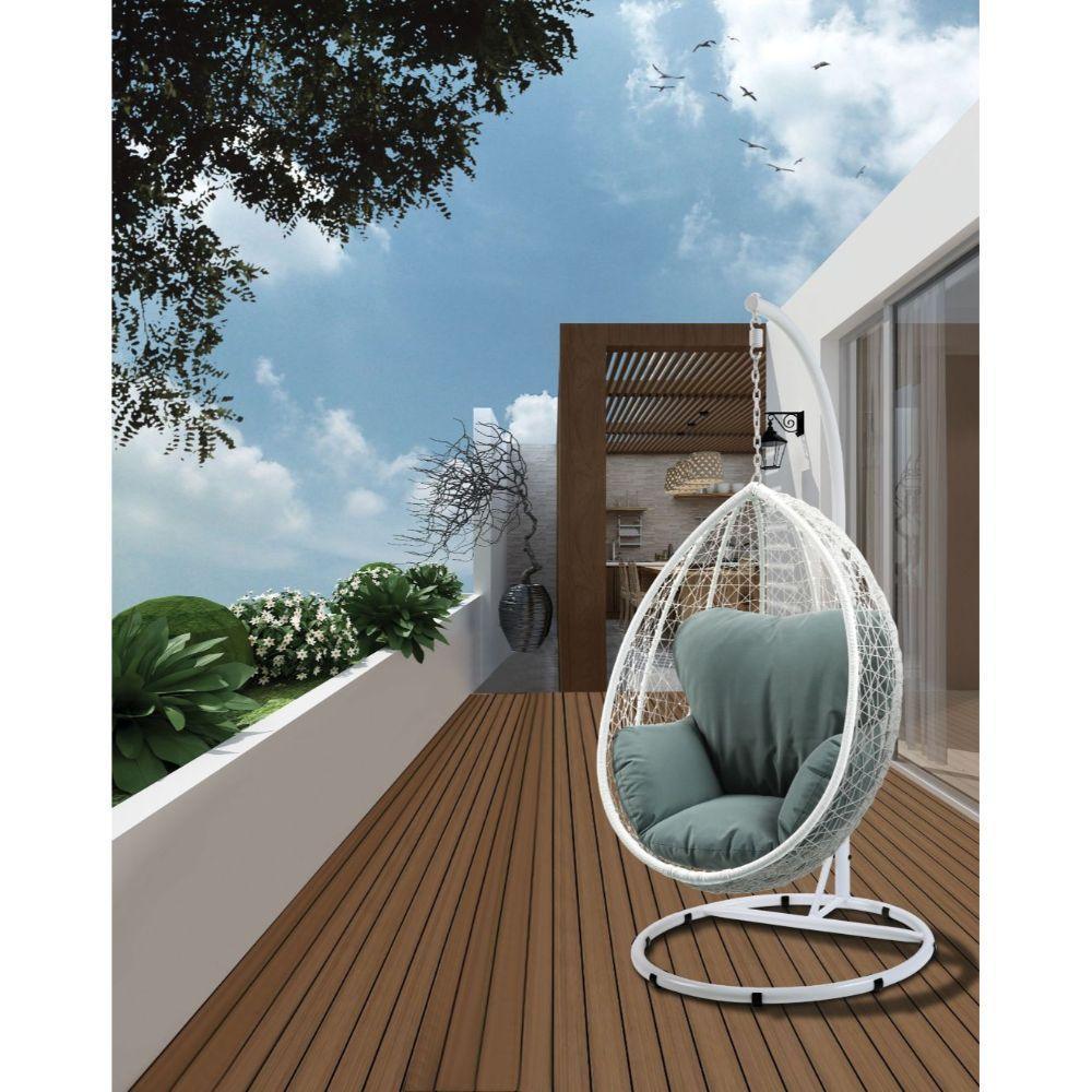 ACME Simona Patio Swing Chair with Stand, Green Fabric & White Wicker FredCo