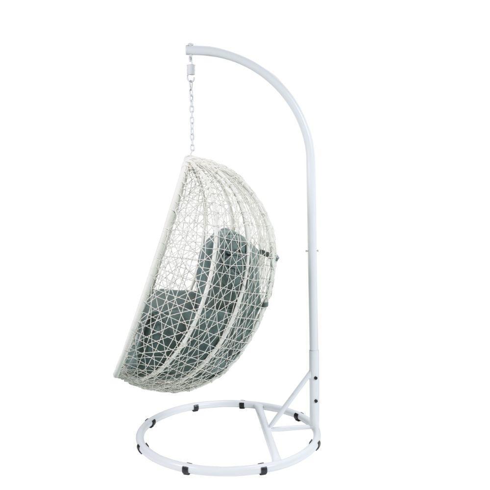 ACME Simona Patio Swing Chair with Stand, Green Fabric & White Wicker FredCo