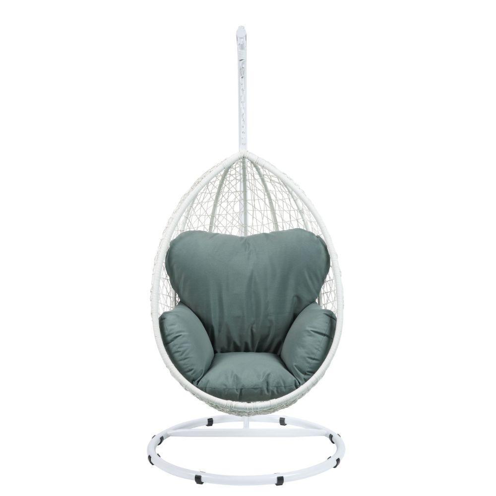 ACME Simona Patio Swing Chair with Stand, Green Fabric & White Wicker FredCo