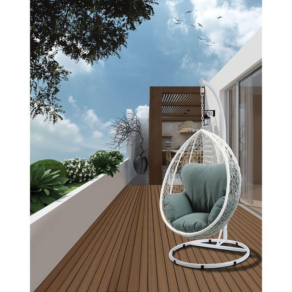 ACME Simona Patio Swing Chair with Stand, Green Fabric & White Wicker FredCo