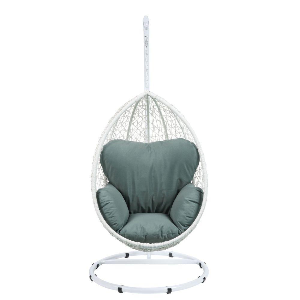 ACME Simona Patio Swing Chair with Stand, Green Fabric & White Wicker FredCo