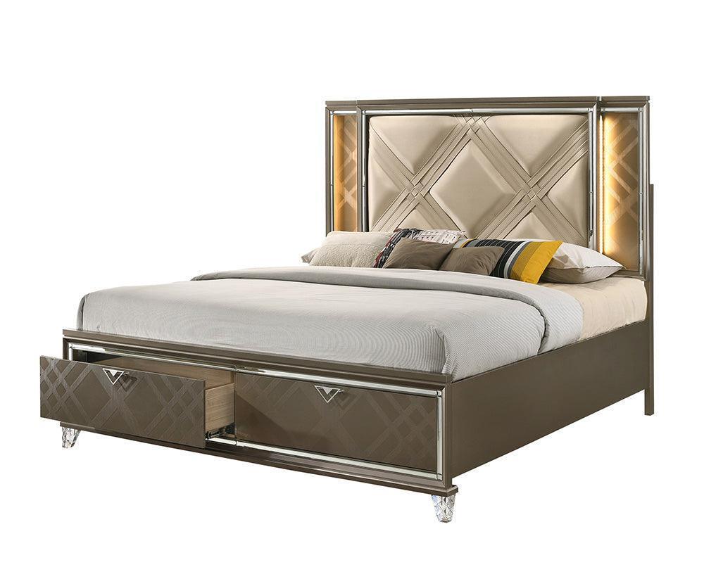 ACME Skylar Eastern King Bed w/Storage, LED, PU & Dark Champagne FredCo